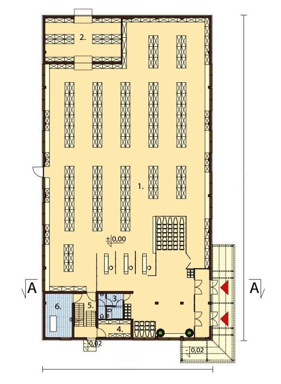 Rzut parteru w sugerowanym projekcie: Parter: 948,44 m 2 1. Sala sprzedaży+ wiatrołap 825,96 m 2 2. Magazyn 61,44 m 2 3. WC dla klientów (w tym WC dla niepełnosprawnych) 11,03 m 2 4.