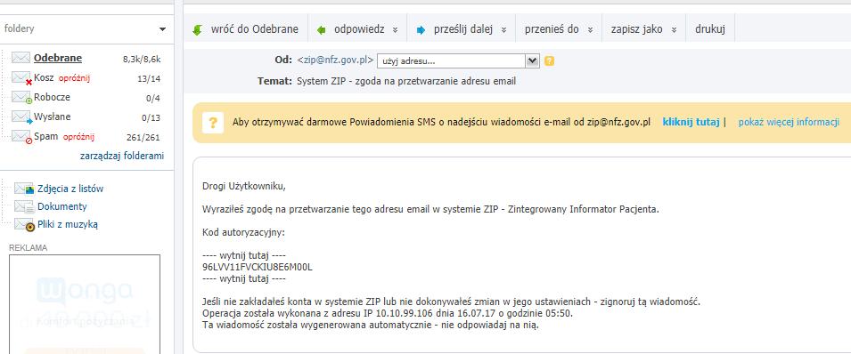 [14/25] Zintegrowany Informator Pacjenta W oknie poczty e-mail kopiujemy lub zapisujemy otrzymany kod autoryzacyjny. Rysunek. 31.