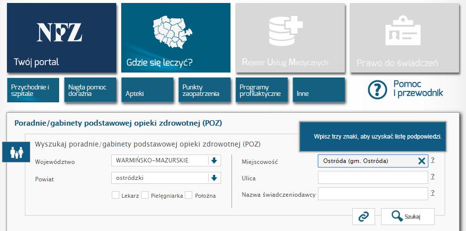 Lista pozycji pod zakładką Przychodnie i szpitale Klikając pierwszą pozycję: Poradnie/gabinety podstawowej opieki zdrowotnej (POZ) wyświetlamy okno, w którym po