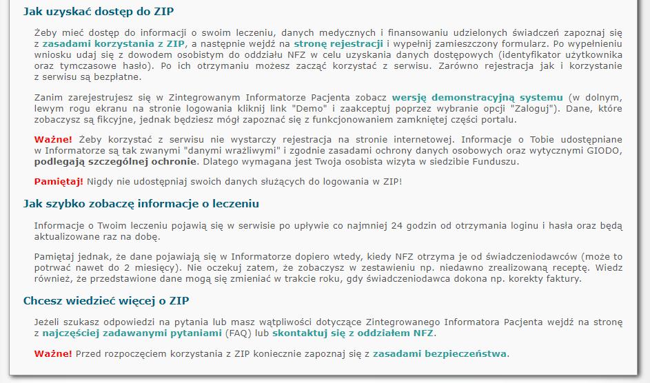 [2/25] Zintegrowany Informator Pacjenta Rysunek 1. Strona główna ZIP W górnej części strony głównej uzyskujemy ogólne informacje: czym jest ZIP oraz co zyskujemy rejestrując się w systemie.