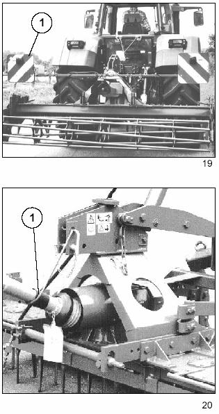 Pozycja transportowa Dźwignie dolne ciągnika unieruchomić bocznie. Dźwignie Drill Lift zabezpieczyć łańcuchem (13/1), zamknąć zawór odcinający (na końcu przewodu).