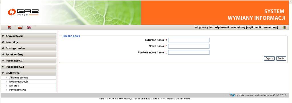 Rys. 145 Dane użytkownika zmiana hasła W wyświetlonym formularzu należy wpisać stare hasło i dwukrotnie nowe hasło a następnie zatwierdzić zmianę wybierając przycisk.