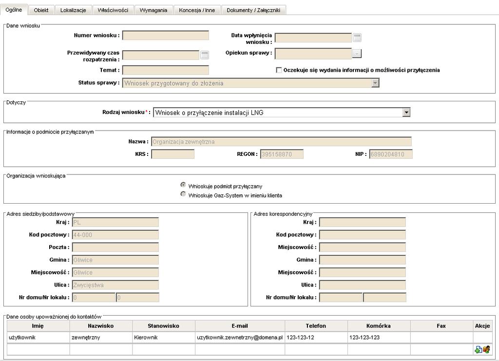 Rys. 18 Wniosek o przyłączenie - zakładka Ogólne Zakładka obiekt W zakładce obiekt znajdują się informację o obiekcie przyłączanym, składzie gazu, oraz przewidywanym terminie dostawy paliwa gazowego.