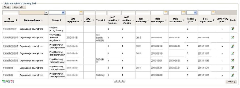 Rys. 26 Lista wniosków o umowę SGT Przycisk powoduje przejście do wcześniej oglądanego formularza z jednoczesnym wyczyszczeniem pól filtracji na liście wniosków o umowę SGT.