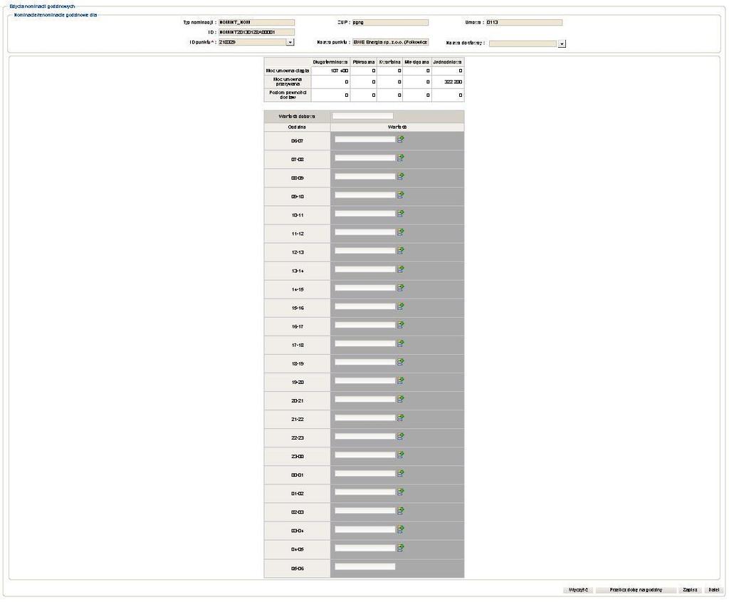Rys. 40 Edycja nominacji - nadawanie wartości nominacji dla punktu Naciśnięcie ikony przy wybranej wartości godzinowej spowoduje skopiowanie jej do pozostałych poniższych pól wartości godzinowych.