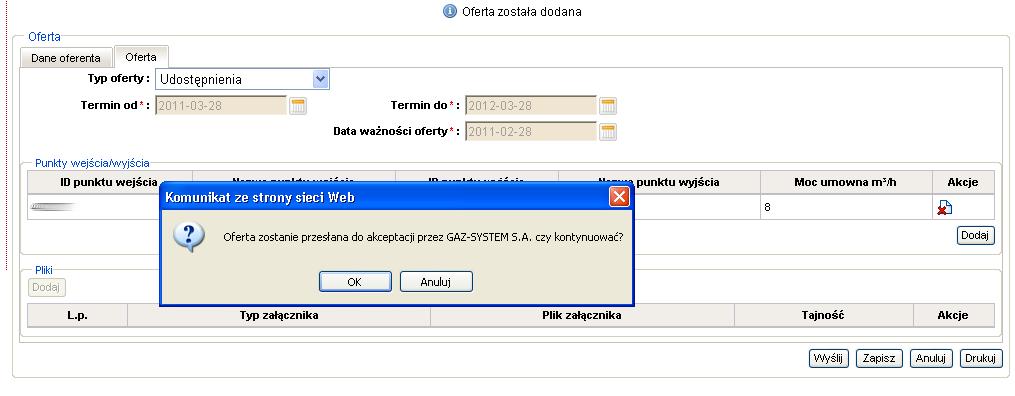 Rys. 64 Wysyłanie oferty rynku wtórnego System nada ofercie status do akceptacji, zapisze ofertę, a następnie wyśle powiadomienie o nowej ofercie do pracowników GAZ-System S.A. Pracownik GAZ-System S.