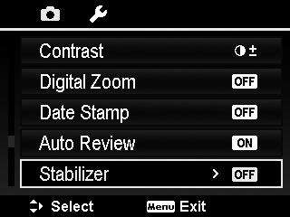 W menu rejestrowania włączyć funkcję stabilizacji. 2. Za pomocą przycisków / przemieszczać między opcjami menu. 3. Za pomocą przycisku OK potwierdzić dokonany wybór.