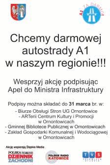 Stanowisko Wójta Gminy Ornontowice w sprawie autostrady A1 Odcinek autostrady A1 z Sośnicy do Gorzyczek powinien być bezpłatny dla każdego.