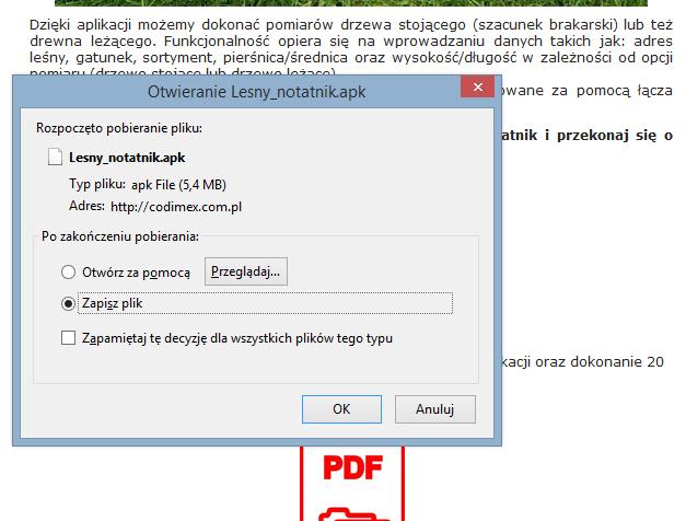 2. Przewijamy stronę do momentu odnalezienia ikony z podpisem Plik z aplikacją Leśny notatnik.apk (oznaczona na zdjęciu czerwonym kółkiem). Klikamy w ikonę. 3. W kolejnym oknie klikamy OK.