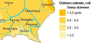 temperatura w zimie -2 stopnie C, średnia temperatura w lecie 18 stopni C, średnie roczne usłonecznienie rzeczywiste