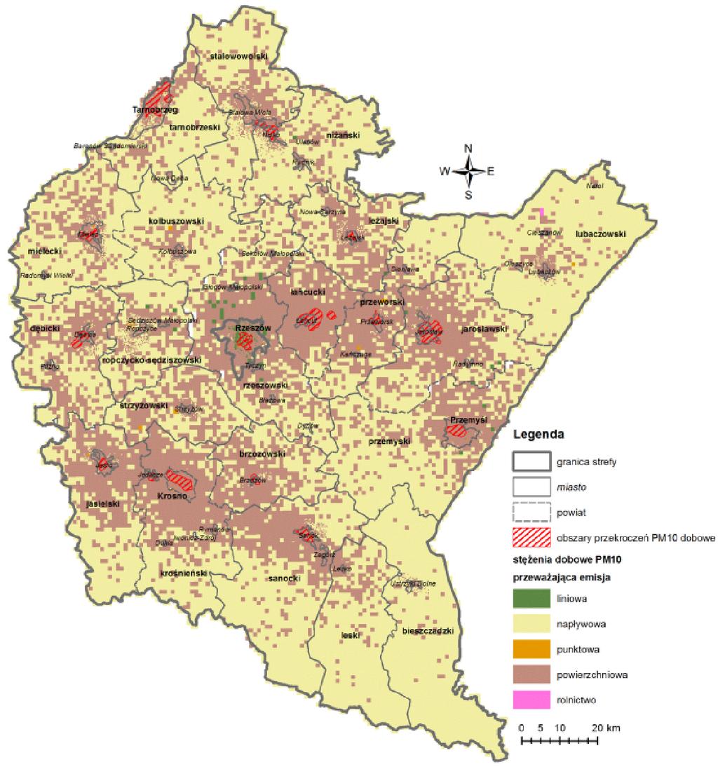 Rysunek 14. Przeważający udział typu emisji w stężeniach średniorocznych pyłu zawieszonego PM10 w 2014 (WIOŚ) Rysunek 15.