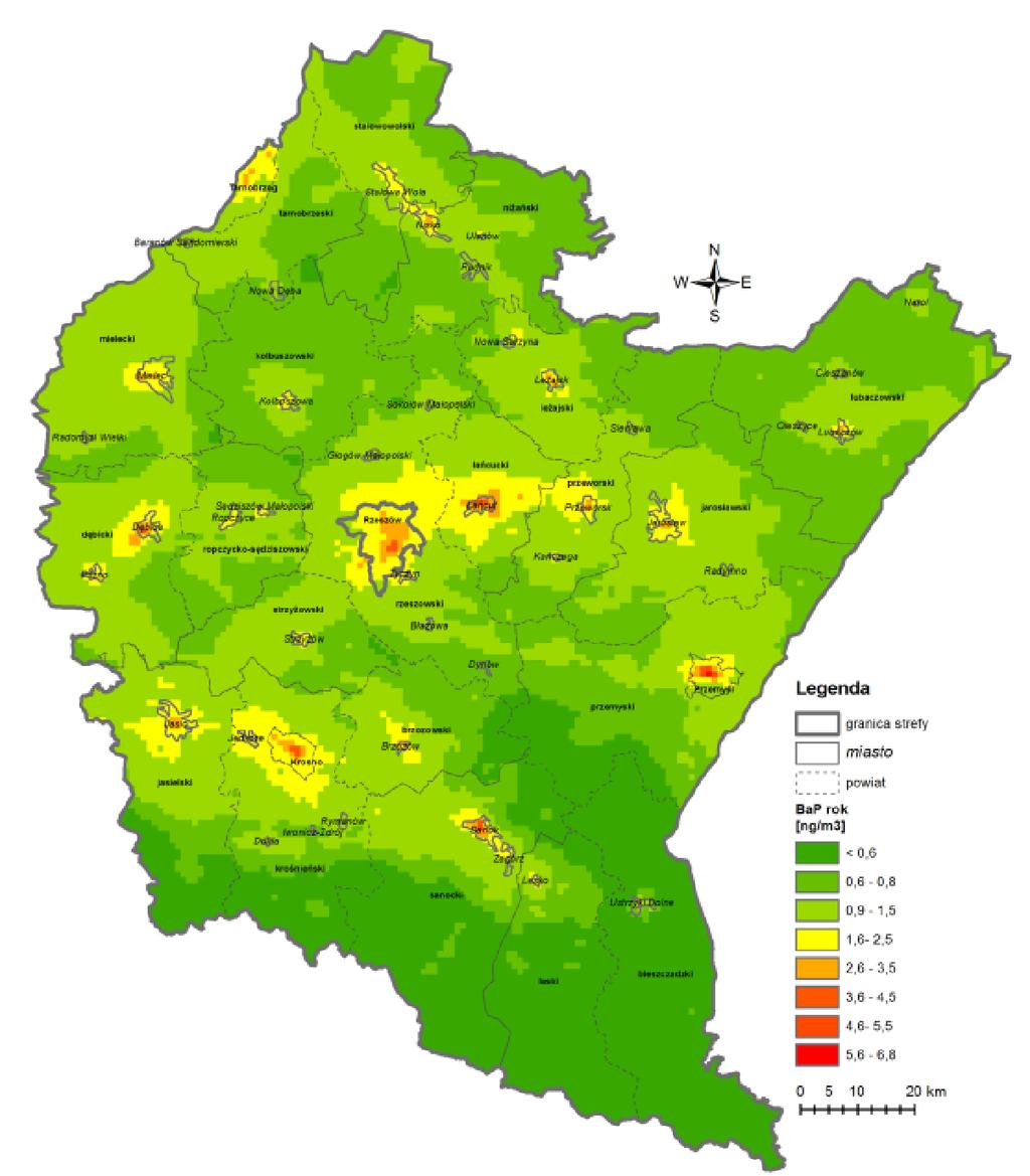 Rysunek 18. Rozkład stężeń średniorocznych benzo(a)pirenu w województwie podkarpackim w roku 2014 wyniki modelowania (WIOŚ) Rysunek 19.