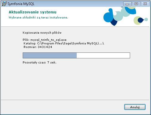 Symfonia MySQL. W oknie będą się pojawiać informacje o kolejnych działaniach w ramach procesu instalacji. Rys.