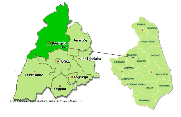 4. CHARAKTERYSTYKA GMINY GONIĄDZ 4.1 Położenie administracyjne gminy Gmina Goniądz jest gminą miejsko-wiejską położoną na terenie powiatu monieckiego, w północnej części województwa podlaskiego.