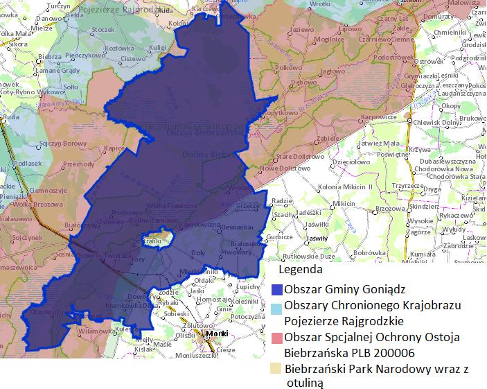 Rysunek 2. Lokalizacja terenów objętych prawną ochroną względem granic administracyjnych gminy Goniądz Źródło: http://www.geoportal.gov.