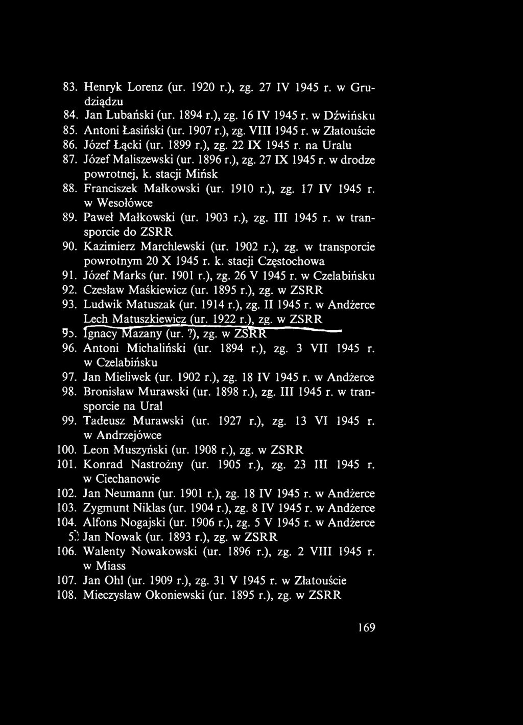 ), zg. w ZSR R 9x Ignacy Mazany (ur.?), zg. w ZSRR 96. Antoni Michaliński (ur. 1894 r.), zg. 3 V II 1945 r. w Czelabińsku 97. Jan Mieliwek (ur. 1902 r.), zg. 18 IV 1945 r. w Andżerce 98.