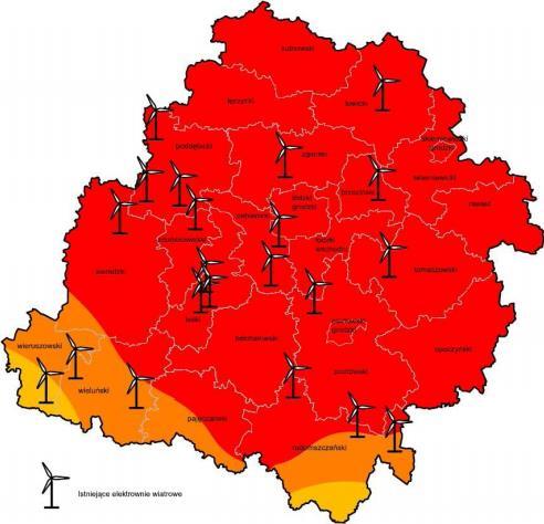 Rysunek 23: Lokalizacja istniejących obiektów energetyki wiatrowej w województwie łódzkim (źródło: http://www.pokl.lodzkie.