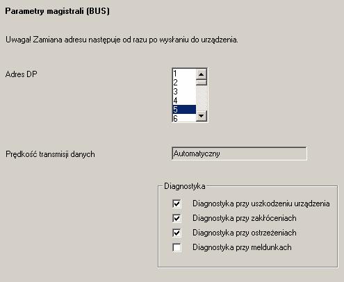 Parametryzacja przełcznika trybu pracy Adres