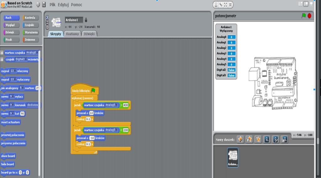 MOŻLIWE MODYFIKACJE DLA MŁODSZYCH KLAS: Pracując z uczniami w młodszych klasach można wykorzystać zamiast Arduino IDE program S4A (Arduino for Scratch).