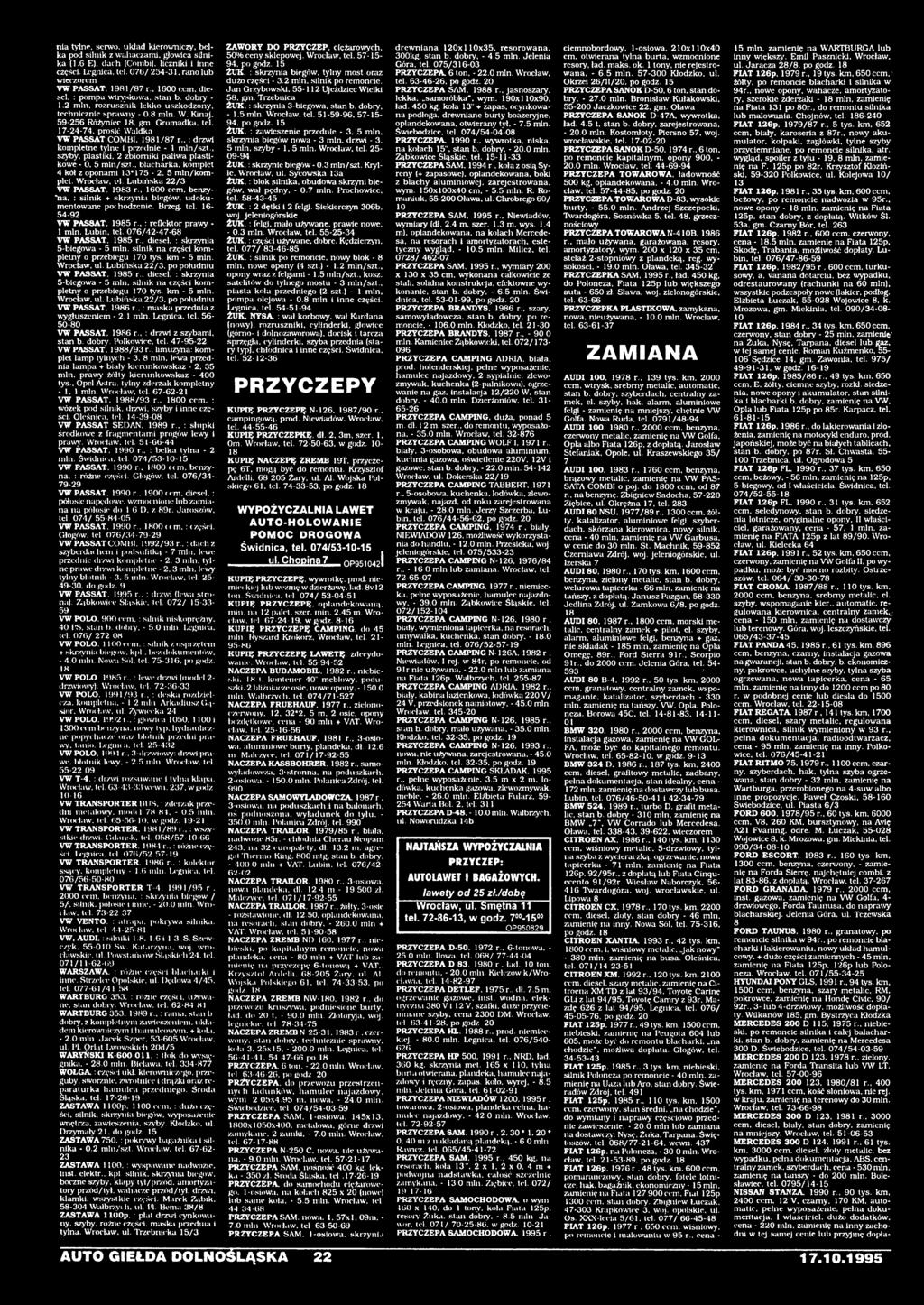 16-54- 92 VW PASSAT. 1985 r.. : reflektor prawy - 1 min. Lubin. tel. 076/42-47-68 VW PASSAT. 1985 r.. diesel. : skrzynia 5-biegowa - 5 min. silnik na części kompletny o przebiegu 170 tys. km - 5 min.