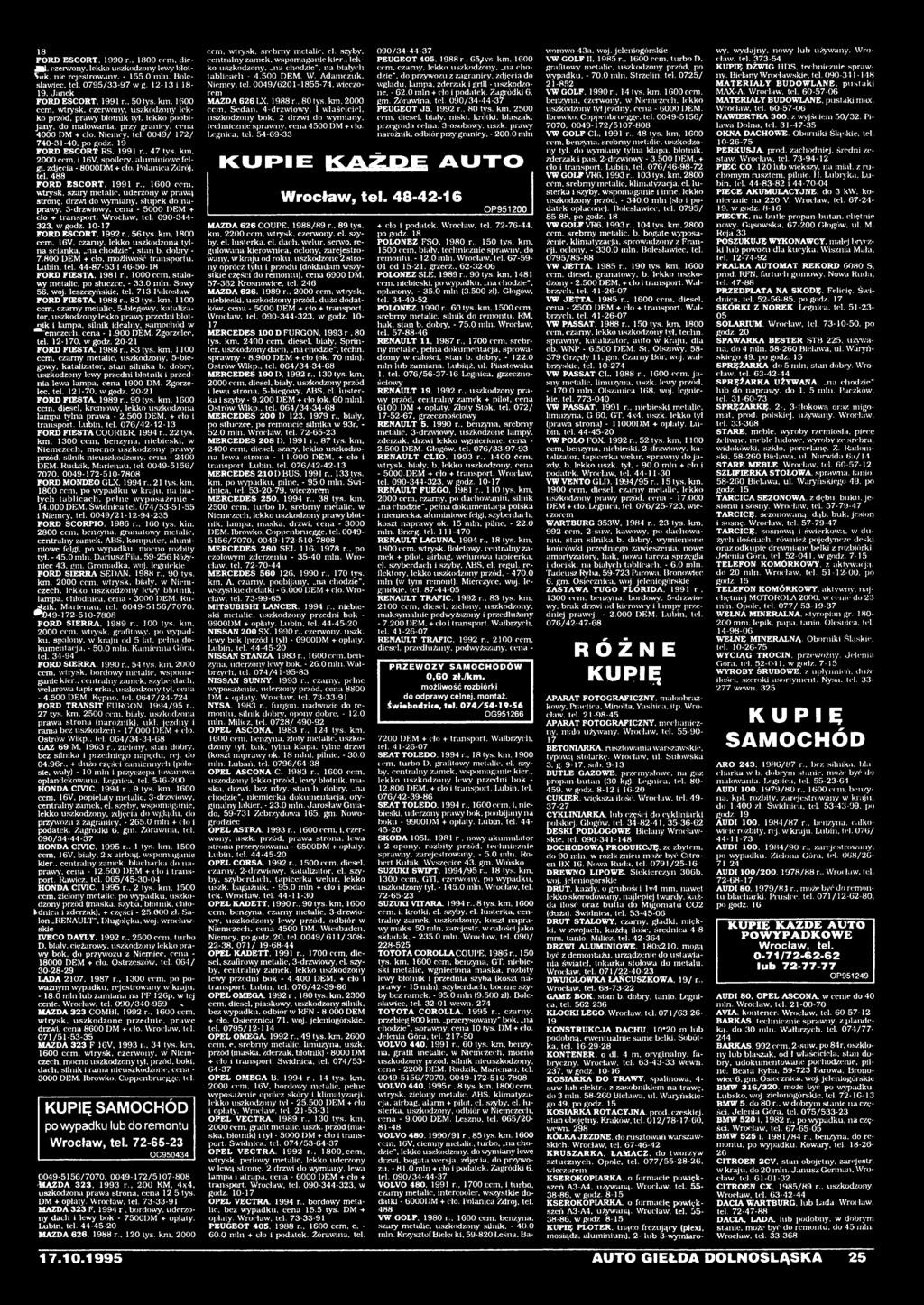 16V, czarny, lekko uszkodzona tylna ścianka, na chodzie", stan b. dobiy - 7.800 DEM + clo. możliwość transportu. Lubin. tel. 44-87-53 i 46-50-18 FORD FIESTA. 1981 r.. 1000 ccm. stalowy metalie.