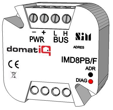 Katalog modułów SENSORY IMD8PB/F Moduł przyciskowy Moduł 8 wejść przyciskowych, do montażu w puszce instalacyjnej Ø 60 (puszka głęboka) Podłączony do magistrali systemu Domatiq umożliwia sterowanie