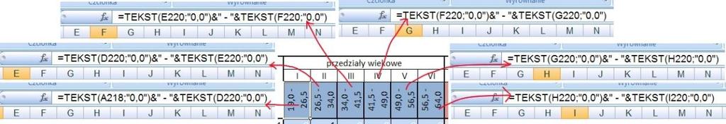 Wykorzystać należy funkcję TEKST w następujący sposób: liczby z komórek A218 i D220-I220 zostaną przekształcone łańcuchy znaków (tekst) i połączone ze sobą aby uzyskać opis