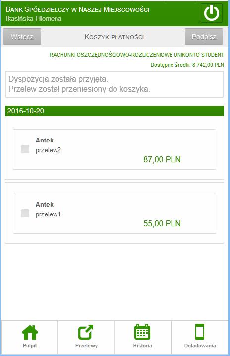 Zatwierdź akceptujesz przelew i automatycznie zostaje on przeniesiony do realizacji lub do Oczekujących w zależności od podanej daty realizacji. 7.4.3.