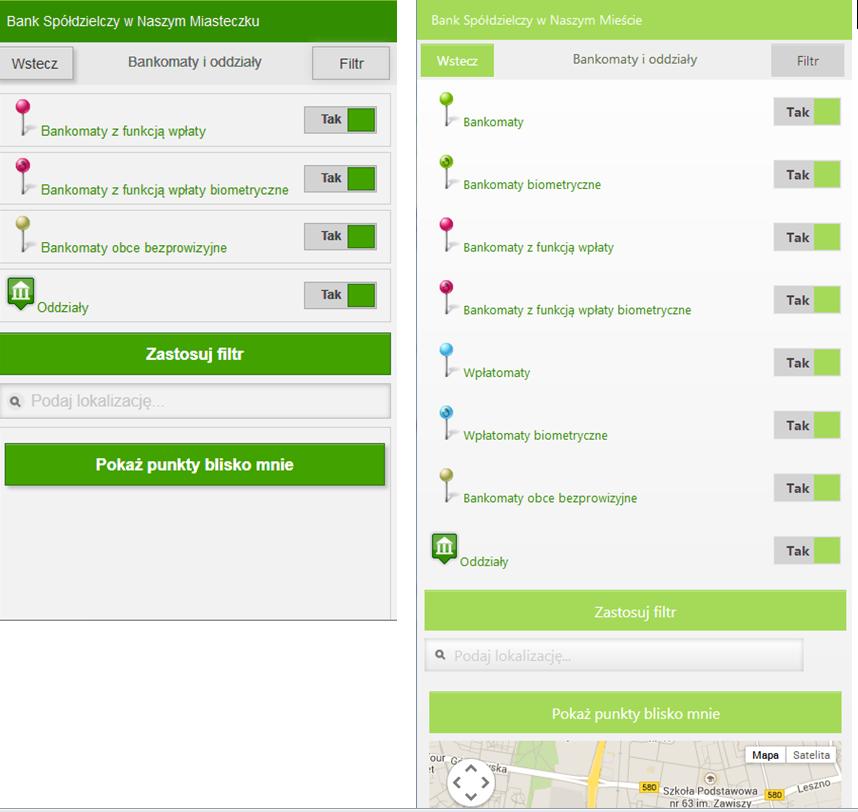 Przycisk Filtr w prawym górnym rogu ekranu przekieruje Cię do okna Bankomaty i oddziały.