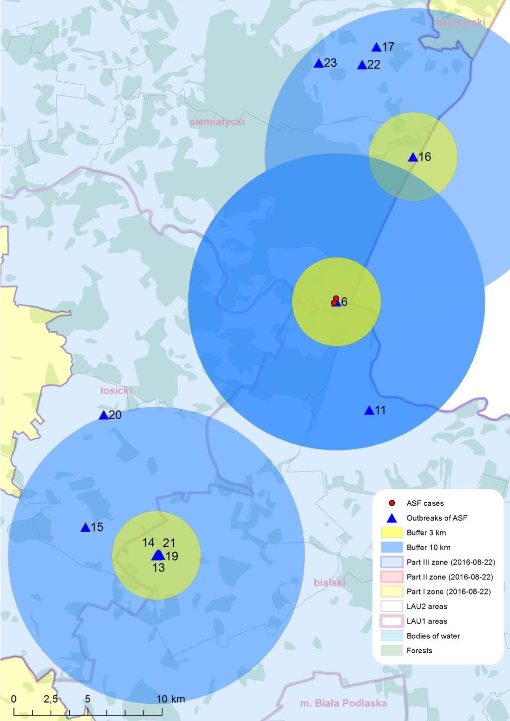 Ogniska ASF (13,14,19,21) w