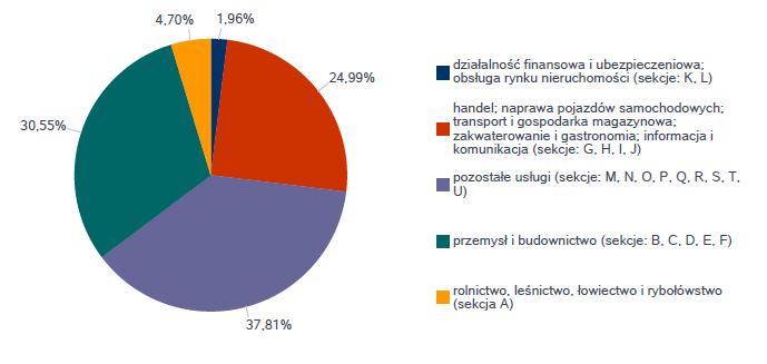 Analizując podmioty pod względem rodzaju prowadzonej działalności, dostrzega się dominacje przedsiębiorstw zajmujących się świadczeniem pozostałych usług (sekcje: M, N, O, P,Q,R,S,T,U) - 37,81% oraz