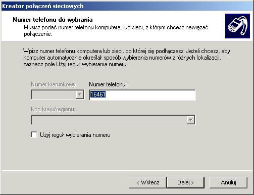 Po³±czenie w podczerwieni 5 W oknie Numer telefonu do wybrania wprowad¼ numer telefonu uzyskany od operatora sieci lub us³ugodawcy internetowego, a nastêpnie kliknij przycisk Dalej.