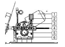 Komora Podajnika 1 - Mechanizm podajnika drutu 2 - Tuleja na szpulę z drutem: dla szpul o ciężarze max 15kg Mechanizm podajnika 1 - Silnik 2 - Pokrętło regulacji docisku drutu elektrodowego: obrót