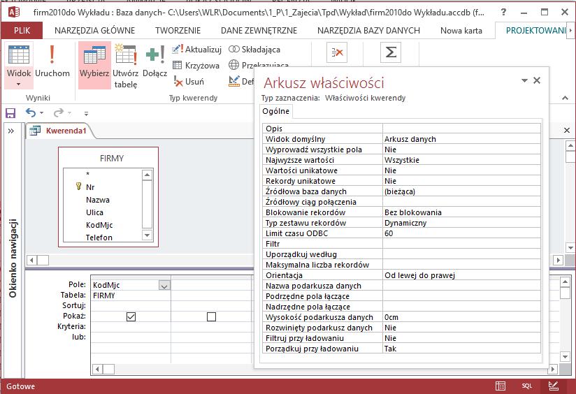 Przykład: Podaj kody miejscowości siedzib firm q({kodmjc}) = {KodMjc} (