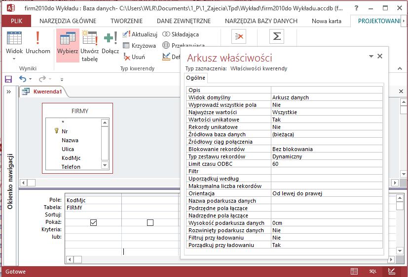 Przykład: Podaj kody miejscowości siedzib firm q({kodmjc}) = {KodMjc} (