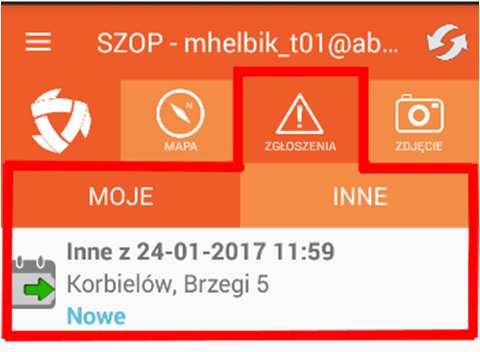 Jeśli jesteś właśnie w miejscu zgłoszenia przyciśnij to miejsce na mapie aż do ukazania się okienka Zgłoszenie tutaj (Rys. 17) Po otwarciu ekranu nowego zgłoszenia (Rys.