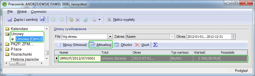 W celu prawidłowego wykonania aktualizacji stawki wynagrodzenia z tytułu umowy cywilnoprawnej, należy w kartotece zleceniobiorcy na zakładce Umowy Umowy, ustawić