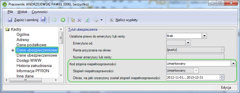 W celu odnotowania w programie enova uzyskanie stopnia niepełnosprawności przez zleceniobiorcę i wykonania przerejestrowania, należy w kartotece zleceniobiorcy na zakładce