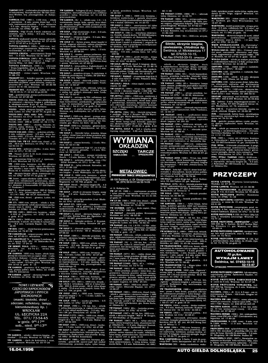 , : klapa bagażnika do modelu Compact, 1 felga 13". Ostrów Wlkp.. tel. 064/ 36-47-25 TO YO TA COROLLA. 1995 r.. : zderzaki i klapa bagażnika, stan b. dobry, - 1.0 min. Jelenia Góra. tel. 075/ 249-96 TRAB AN T, : różne części.