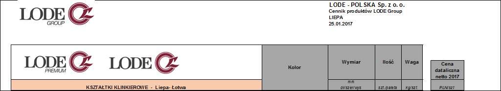 Pozostałe cegły profilowane Lode- Polska Sp. z o.o. 12.101700L Cegła modularna pełna JANKA kl. 50 czerwona 250x85x65 420 2,95 3,13 11.101200L JANKA specjalna czerwony 250x120x88 308 4,10 3,41 11.