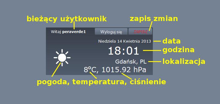 Panel Sterowania - opis zakładek Opis Zakładka ekran startowy wyświetla