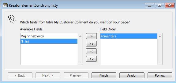 (50004) jako ListPart. Jako tabelę źródłową wybierz My Customer Comment (50003). 2.