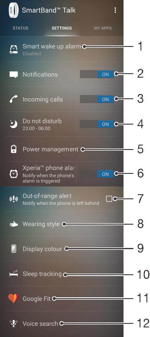 Ustawienia urządzenia SmartBand Talk Korzystanie z aplikacji Aplikacja SmartBand Talk W aplikacji Aplikacja SmartBand Talk na urządzeniu z systemem Android możesz wyświetlać i zmieniać ustawienia