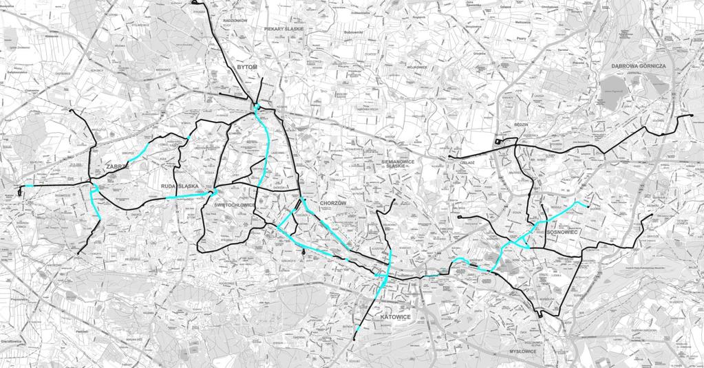 CHARAKTERYSTYKA SIECI TRAMWAJOWEJ W AGLOMERACJI ŚLĄSKO - ZAGŁĘBIOWSKIEJ Rozpiętość sieci: wsch.- zach. ok.