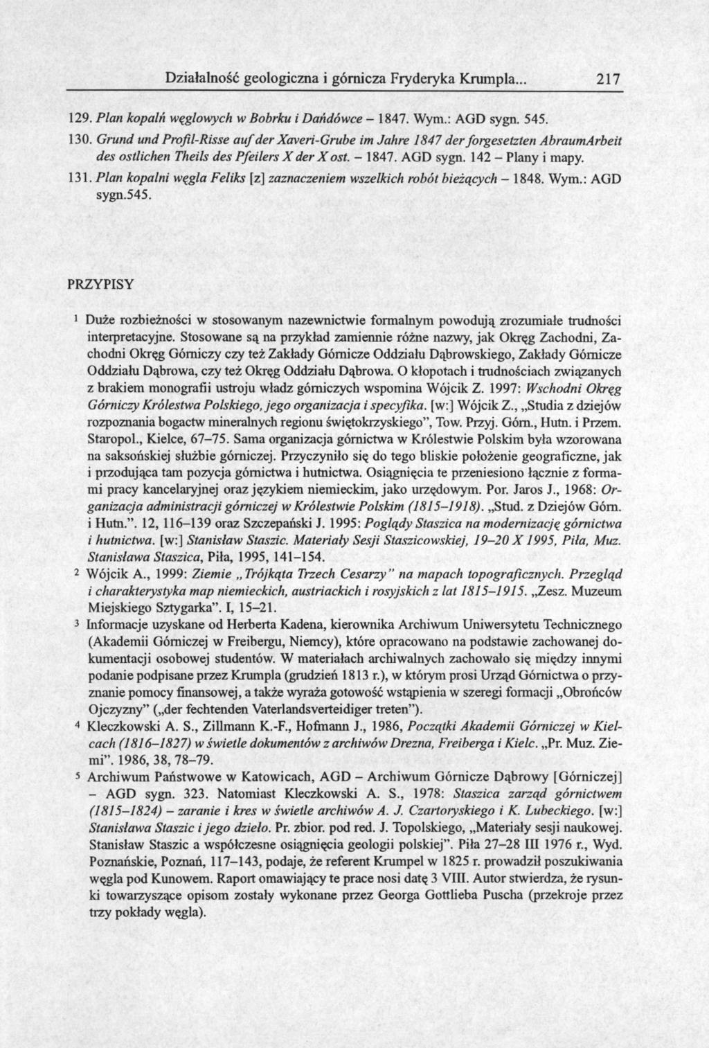 Działalność geologiczna i górnicza Fryderyka Krumpla.. 217 129. Plan kopalń węglowych w Bobrku i Dańdówce - 1847. Wym.: AGD sygn. 545. 130.