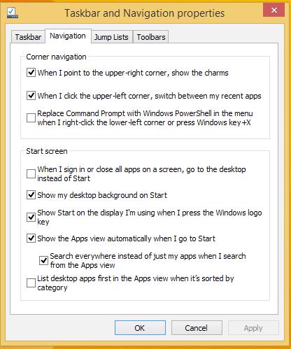 Dostosowywanie ekranu Start W systemie Windows 8.1 można dostosować ekran Start, tak aby umożliwić rozruch bezpośrednio do trybu Desktop (Pulpit); można również zmienić układ aplikacji na ekranie.