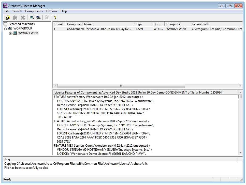 Licencja zostanie skopiowana na komputer. W programie ArchestrA License Manager, w oknie po prawej stronie pojawi się informacja o licencji Component Name oraz jej numer seryjny Serial Number.