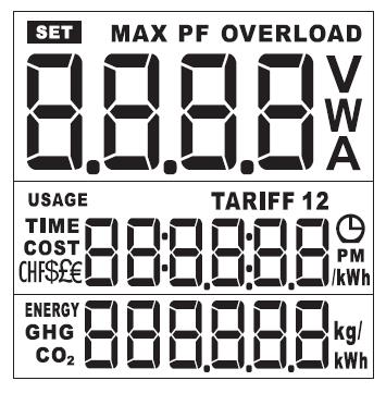 SYMBOLE WYŚWIETLACZA SET MAX PF OVERLOAD V W A Ustawienia Maksymalny wyświetlacz wartości Współczynnik mocy Przeciążenie VOLT Wat Ampery TARIFF 1 2 Taryfa 1 2 Taryfa energii elektrycznej (można