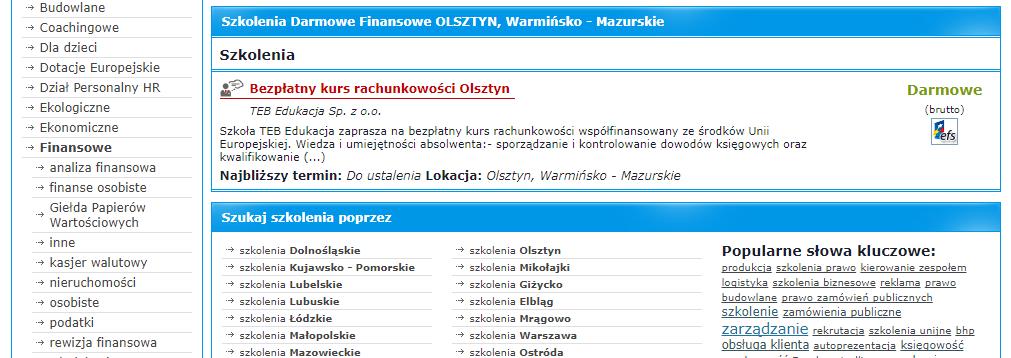 Wypełniamy zatem odpowiednie pola, tak jak wskazują strzałki. Po wciśnięciu przycisku Szukaj przechodzimy do listy takich szkoleń spełniających zapisane kryteria.