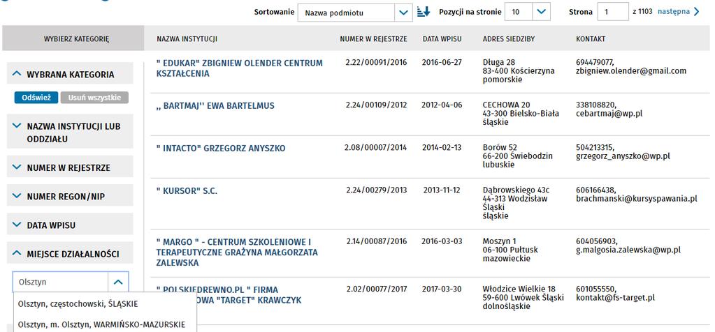 [4/30] Poszukiwanie instytucji szkoleniowych W oknie z wykazem instytucji szkoleniowych należy wyszukać te, które są zarejestrowane w interesującym nas miejscu.